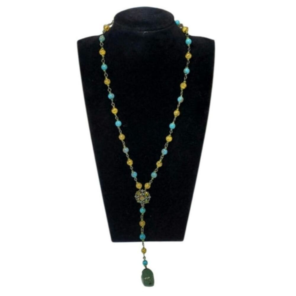 Blue and Green Y Drop Dangle Stone Necklace 14"